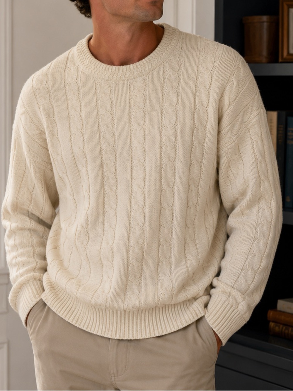 VTG Woods & Gray Classic Cable-Knit Crewneck Sweater Cream Fisherman Coastal